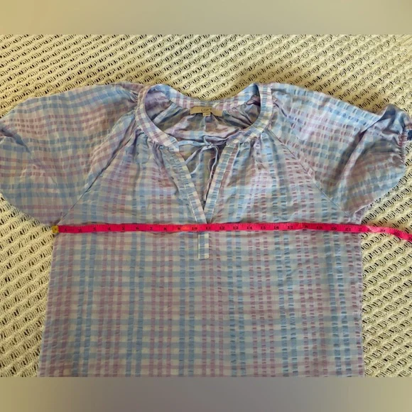 LOFT Blue & Lavender Pastel Gingham Tie-Neck Puff Sleeve Blouse Women’s Size L - Picture 9 of 11